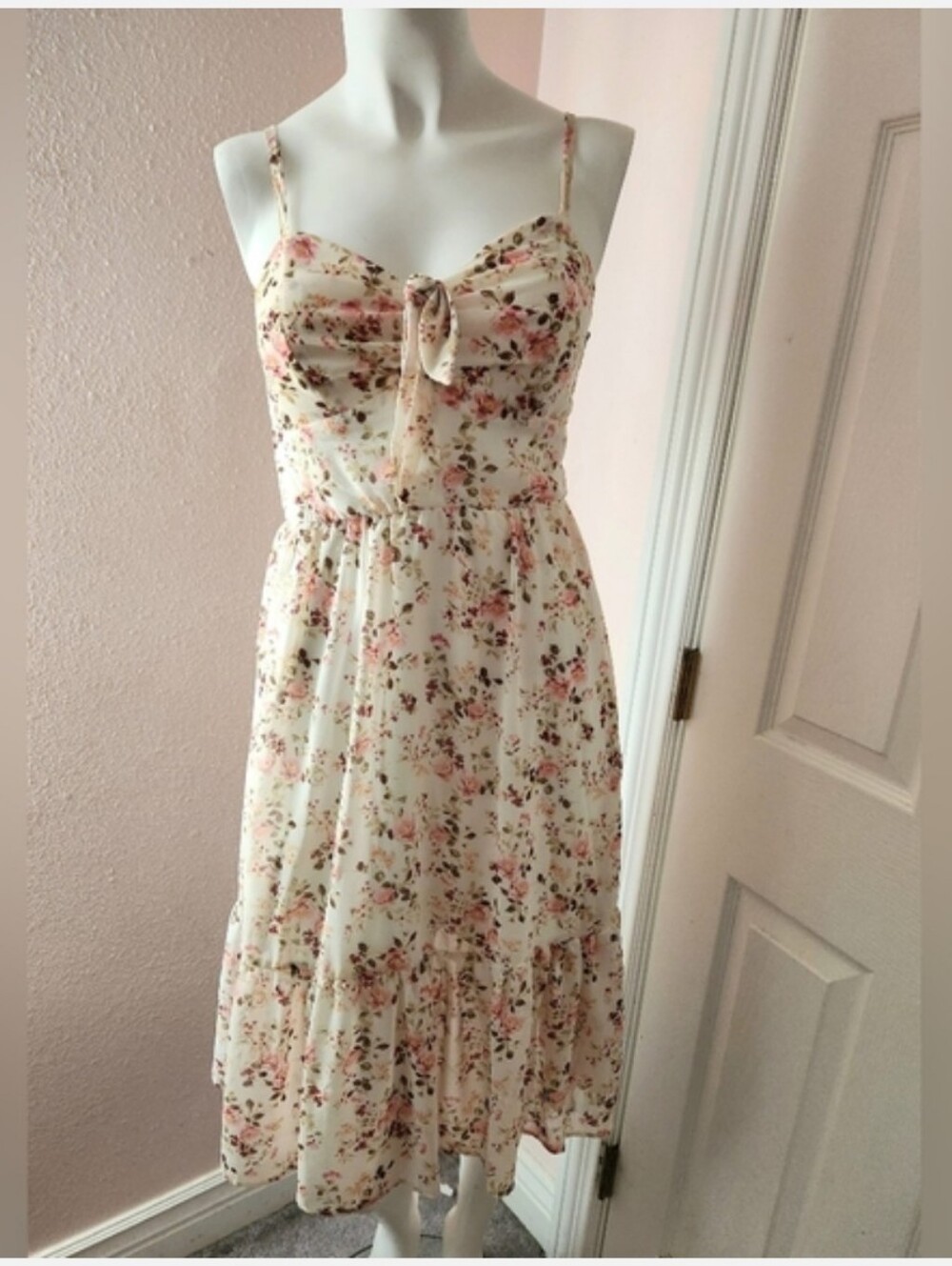 As U Wish Cream Floral Tie-Front Midi Dress with Pink & Green Accents